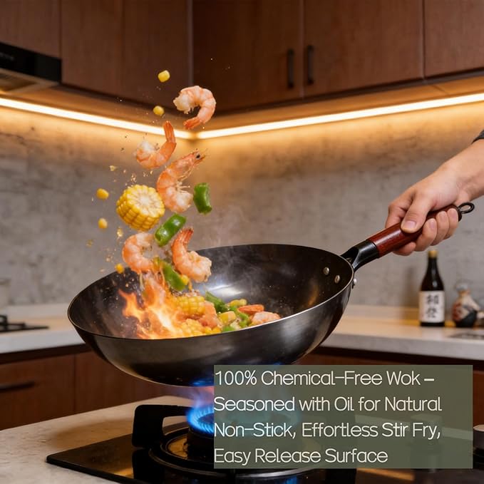 Calmabode 12" Pre-Seasoned Carbon Steel Flat Bottom Wok - Fast, Even Heating - Works on Gas, Electric & Induction - Durable Commercial-Grade - Ready-to-Use, Easy Maintenance - Toxin-Free Cooking
