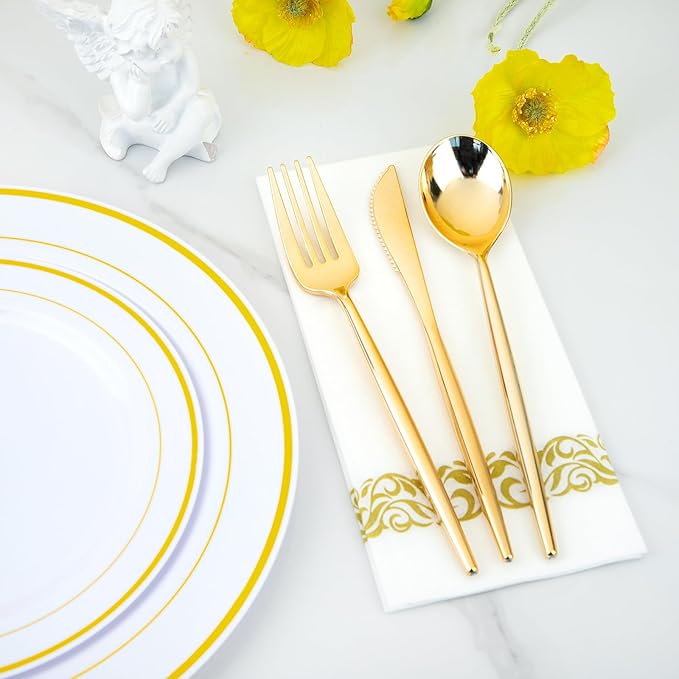 U-QE 120Pcs Gold Plastic Silverware, Luxury Plastic Cutlery, Heavy Weight Flatware, Gold Disposable Utensils Set Include 60 Forks, 30 Spoons,30 Knives for Party
