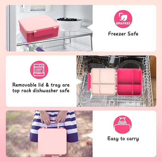 Bento Lunch Box Kids with 8oz Soup Thermo, Leak-Proof Lunch Containers with 4 Compartment, Thermo Hot Food Jar and Insulated Lunch Box for School Pink