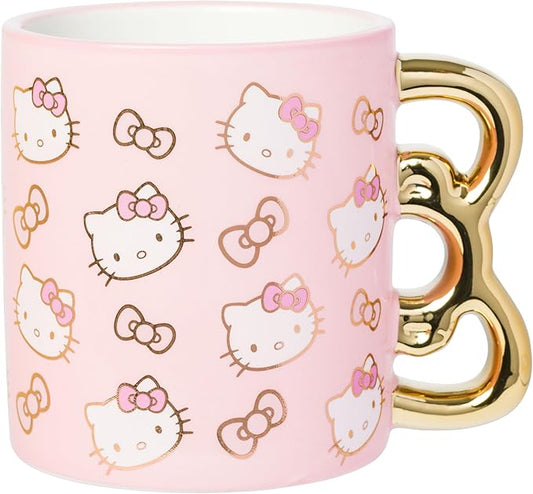 Silver Buffalo Sanrio Hello Kitty Pink and Gold Chrome Ceramic Mug with Bow 3D Sculpted Handle, 20 Ounces