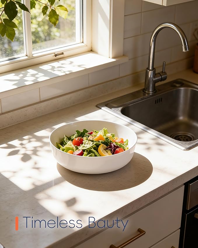 10 Inch 90 OZ Opal Glass Serving Bowls Set of 2, Extra Large White Salad Bowls for Kitchen, Microwave & Dishwasher Safe