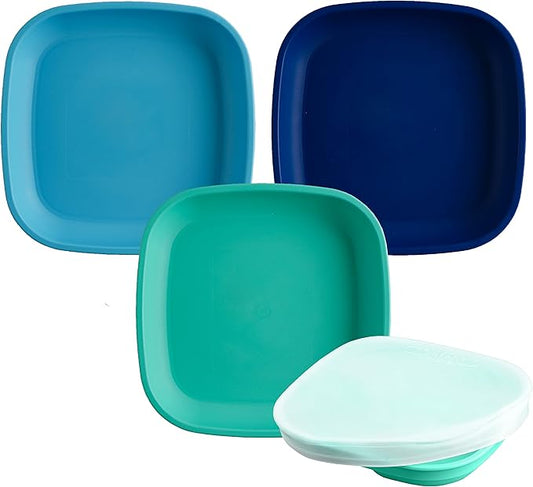 Re-Play Toddler Plates - 22 Oz. Deep-Walled Flat Kids Plates with 1 Lid - Dishwasher & Microwave Safe - Made in USA - Set of 3-7.37" x 7.37" x 1.25" - True Blue