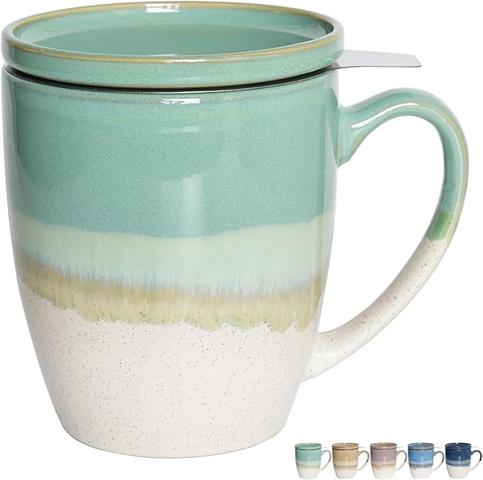 Bosmarlin Ceramic Tea Cup with Infuser and Lid, 16 Oz, 5 Colors to Choose, Dishwasher and Microwave Safe, Reactive Glaze, Steeping Tea Mug with Strainer (Mint Green)