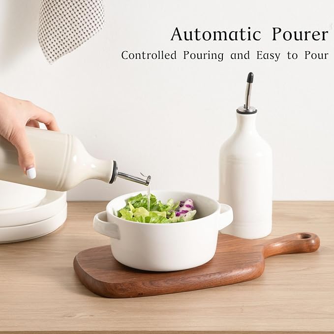Sweejar Ceramic Olive Oil Dispenser Bottle Set, Opaque Oil Cruet Protects to Reduce Oxidation, Suitable For Storage Of Vinegar, Soy Sauce & Other Liquids,Pack of 2,15.5 Fl Oz（White Beige）