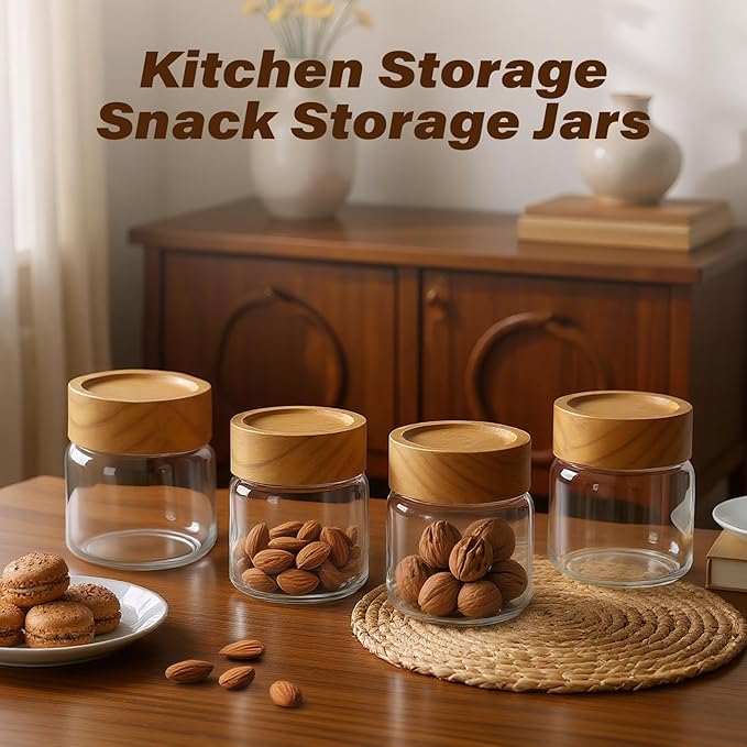 6-Pack 6 fl oz Airtight Food Sealed Jars with Acacia Wood Lids - Glass Meal Prep Containers for Overnight Oats, Snack Storage, Chia Pudding, Pantry Organization Essentials