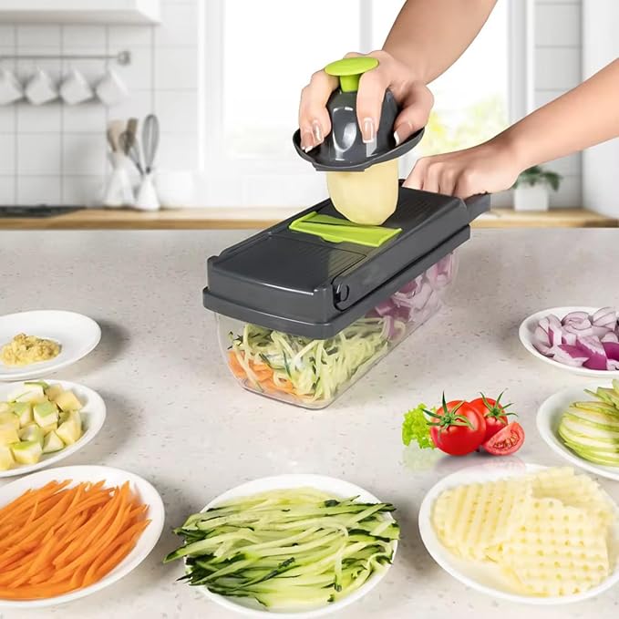 Vegetable Chopper Dicer with Container Cheese Grater Mandoline Slicer Cabbage Shredder French Fry Cutter Stainless Steel For Veggie Onion Potato Fruit Food,Manual Hand Cooking Gadget for kitchen