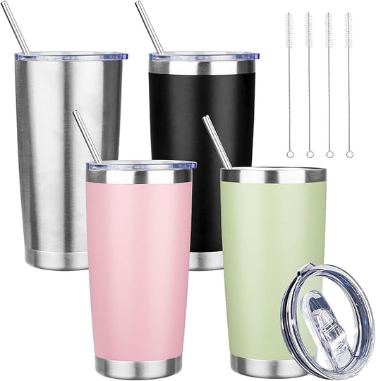 20 oz Tumbler with Lids and Straws, Stainless Steel Insulated Travel Coffee Mug, Double Wall Vacuum Insulated Tumblers, Powder Coated Coffee Tumbler for Cold & Hot Drinks (Mix Color-2)