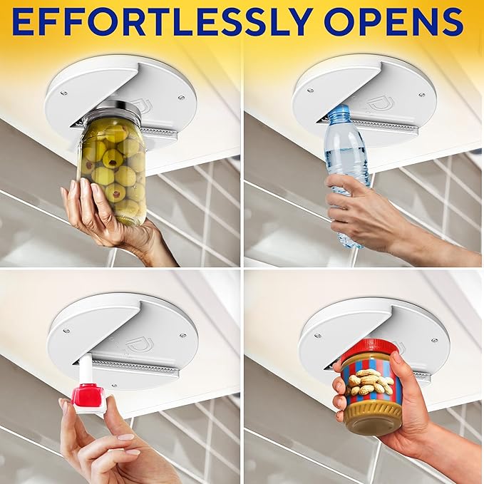 Under Cabinet Lid Jar Opener - for Weak Hands and Seniors with Arthritis - Heavy Duty, Allows to Easily Unscrew Any-Size Lid - Effortless Bottle & Can Opener for your Kitchen