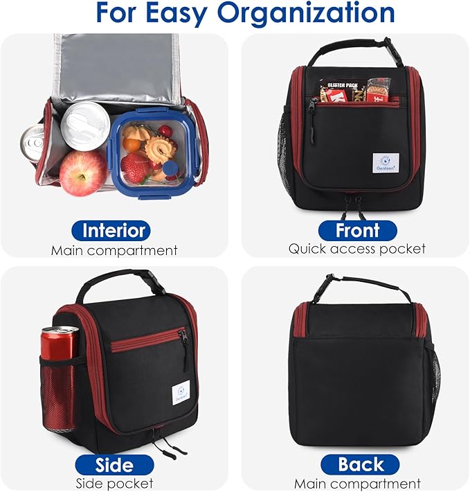 Genteen Kids Lunch Box, Insulated Lunch Bag for Kids, Toddler, Girl, and Boy; Holds Lunch Box, Water Bottle, & Snacks; Easy-Clean Water-Resistant Fabric & Multiple Zippered Pockets (Black)
