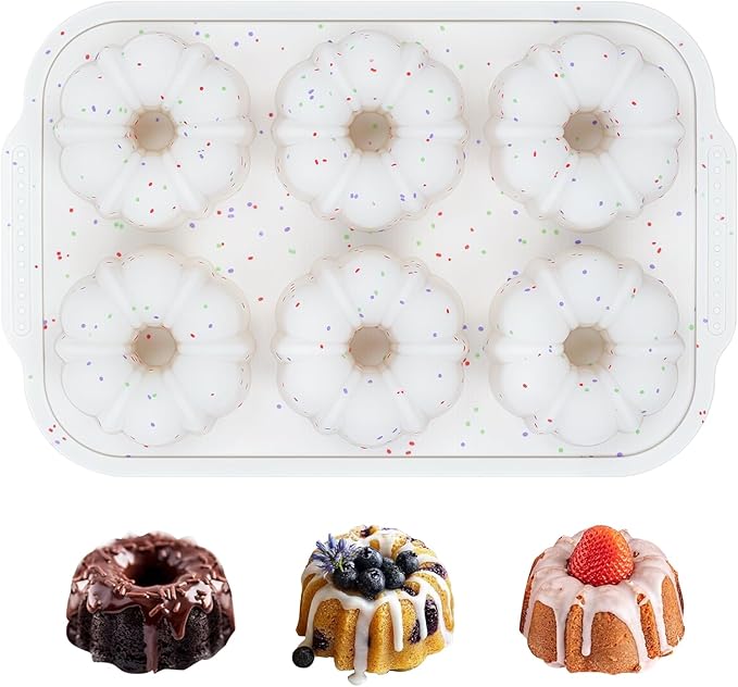 FUNBAKY Mini Fluted Tube Cake Pans for Baking with Metal Reinforced Frame, 2Pcs Silicone 6-Cavity Mini Flan Molds, Nonstick Baking Mold for Cupcake, Brownie, Donuts, Cornbread, Jello