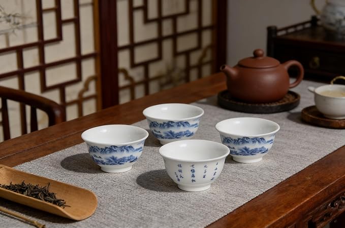 Liang baobao Chinese Traditional Tea Tasting Cup Set of 4, 2oz Bule and White Porcelain Mini Cups for Gongfu Tea Ceremony (landscape)