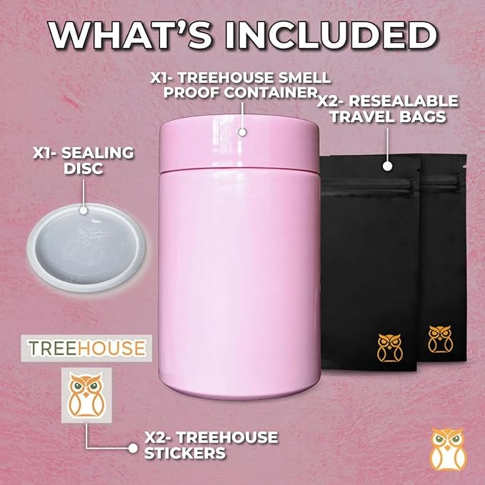 Treehouse Smell Proof Container (500mL) for Herbs, Spices, Coffee, Teas & More, Double Sealed Air Tight Jar, Thick UV Protection Glass, Smell Proof Herb Storage, x2 Resealable Smell Proof Bags (Pink)