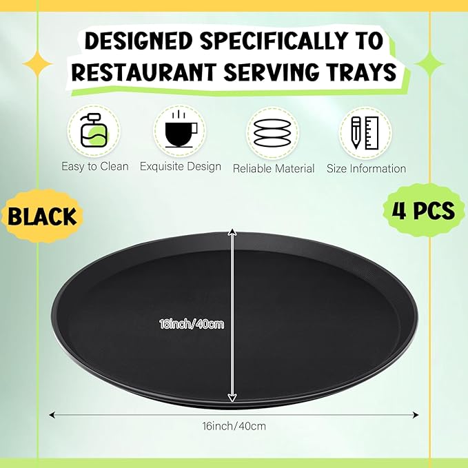 4 Pcs 16 Inch Restaurant Serving Trays, Black Plastic Non Slip Round Tray, Large Food Crawfish Server Tray for Home, Restaurant, Kitchen, Cafeteria, Bar, Hotel(Black)