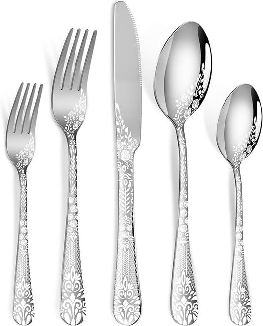 40 Piece Silverware Set, Stainless Steel Flatware Cutlery Set Service for 8, Mirror Polished Tableware Eating Utensils Set for Home Kitchen, Include Knife Fork Spoon Set, Dishwasher Safe
