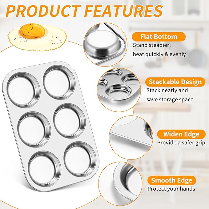 P&P CHEF Muffin Top Pan Set of 1, Stainless Steel 6-Cavity Shallow Cupcake Pans, Standard Bakeware for Eggs, Whoopie Pies, Cornbread, Cookies, Yorkshire Pudding, Easy Clean & Oven Safe, Silver