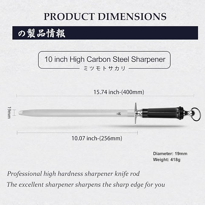 MITSUMOTO SAKARI 10 inch Japanese Honing Steel - Flat Diamond Knife Sharpening Rod, Professional High Carbon Sharpener with ABS Handle & Powerful Magnet