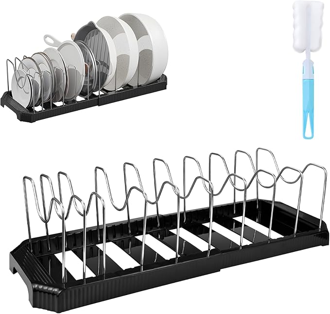 Pots and Pans Organizer Under Cabinet, 10-Slot Expandable Pot Rack Organizer with Cup Brush, Kitchen Pots and Pans Organizer for Cookware, Lids, Bakeware, Cutting Boards Tool-Free Installation (Black)