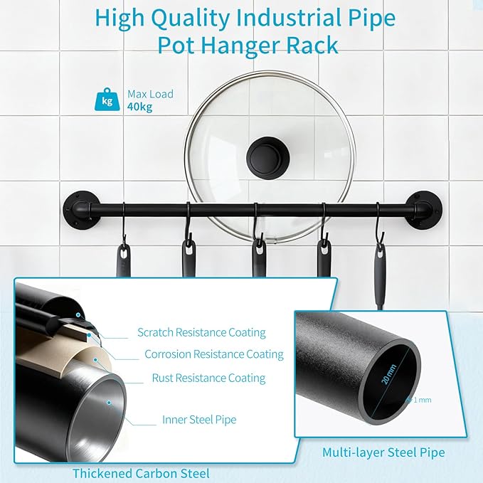 Wall Mounted Pan Pot Rack 21'' Set of 2, Industrial Iron Pipe Utensils Lid Organizer Wall Hanger Bar Kitchen Hanging Rail with 10 S Hooks