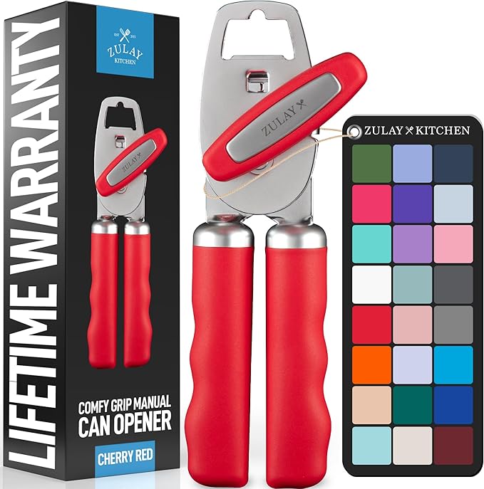 Zulay Kitchen Heavy Duty Stainless Steel Can Opener Manual with Bottle Opener - Rust Proof Manual Can Opener With Turn Knob & Comfy Soft Grip Handles - Cherry Red
