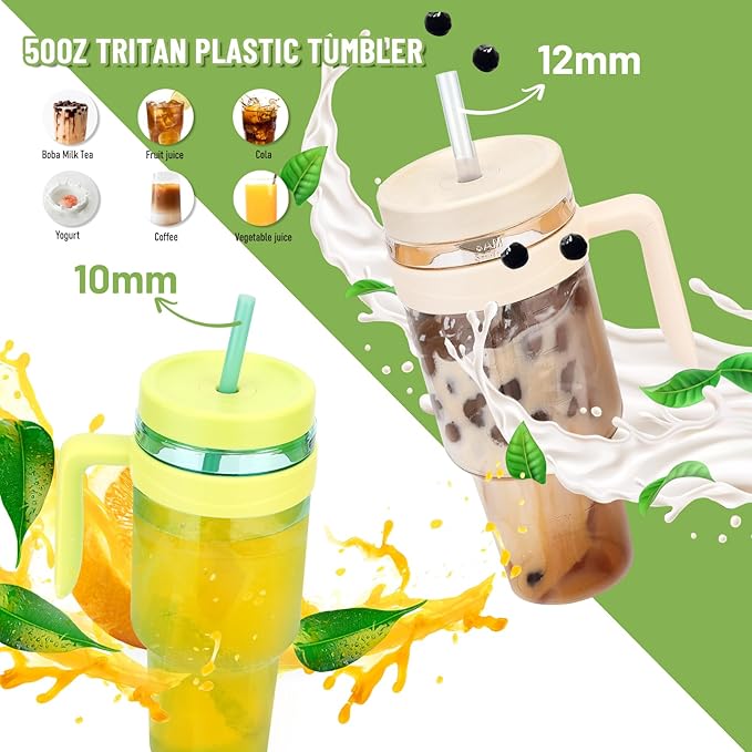 50oz Tritan Plastic Tumbler with Lid, Straw and Handle | Leak-Proof BPA-Free Cup with Time Marker | Reusable Tumbler for Iced Coffee, Milkshakes, Sports Drinks, Beer