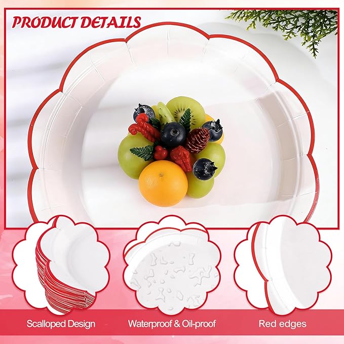 30 Pcs Red and White Paper Plates, 9 Inch White Plates with Red Trim Scalloped Paper Plate Disposable for Mother's Day, Baby Shower, Wedding, Bridal Shower, Birthday