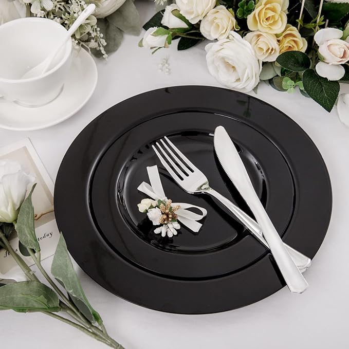 FLOWERCAT 60PCS Black Plastic Plates - Heavy Duty Black Disposable Plates for 30 guests Halloween Party/Wedding/New Year - Include 30PCS 10.25inch Dinner Plates and 30PCS 7.5inch Dessert Plates