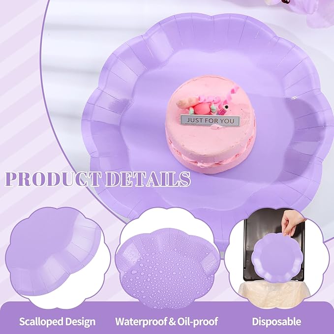 30 Pcs Light Purple Paper Plates, 7 Inch Scalloped Lavender Plates Cute Easter Plate Disposable Party Plate for Wedding, Birthday, Baby Shower