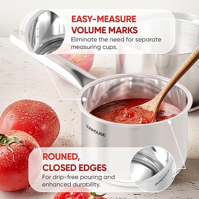 SUNHOUSE – 1.5 Quarts Stainless Steel Sauce Pan with Lid - PFOA-FREE, Stainless Steel Sauce Pan, Advanced Impact Bonding Induction Base, Stay-Cool Handle, Compatible with All Cooktops