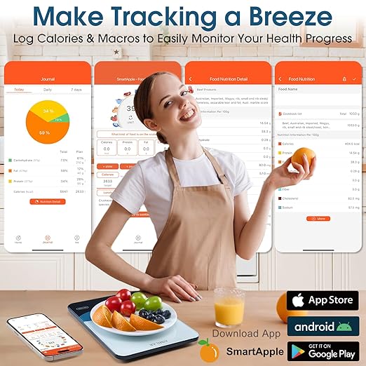 AIMILAR Bluetooth Kitchen Scale 10kg/22lb - Smart Nutrition Food Scale with App Calorie & Macro Tracker, Nutritional Analysis, USB-C Rechargeable, Tempered Glass, LED Display, Tare, g/lb:oz/oz/ml
