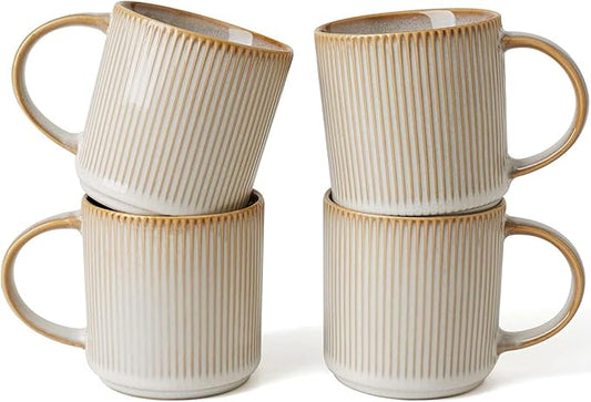 famiware Coffee Mug Set for 4, Star 12 oz Catering Mugs Cup Set with Handle for Coffee, Tea, Cocoa, Milk - Ceramic Stoneware Drinkware Set, Cappuccino White