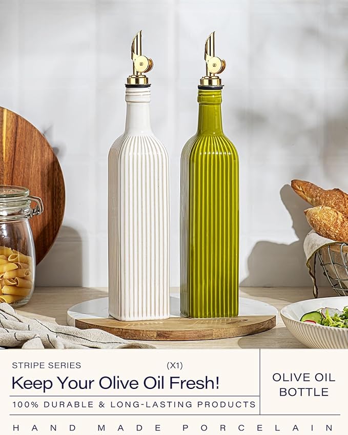 getstar 18 oz Olive Oil Dispenser Bottle for Kitchen, Ceramic Oil Bottle with Automatic Stainless Steel Pourer (Golden Pourer, Vintage White)