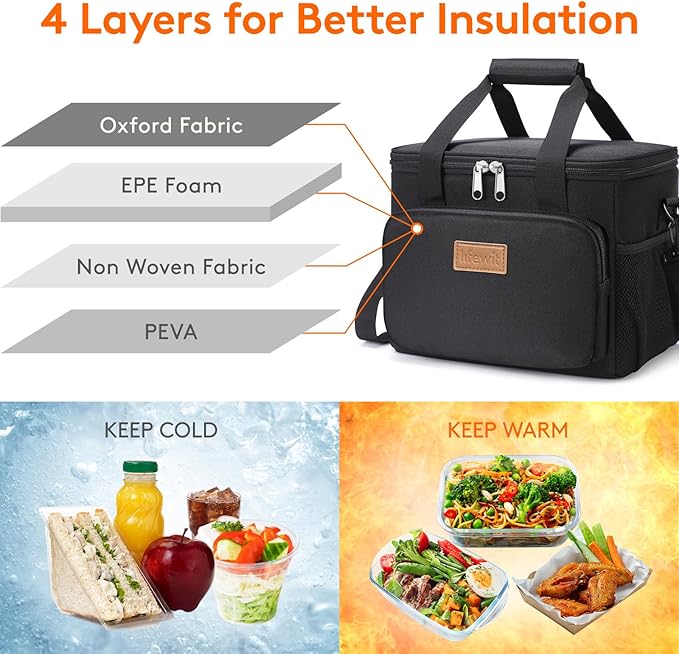 Lifewit Medium Lunch Bag Insulated Lunch Box Soft Cooler Cooling Tote for Adult Men Women, Black 12-Can (9L)