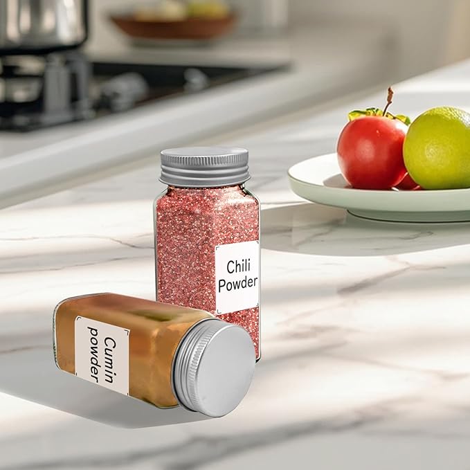 ZUFECY 4oz Glass Spice Bottles with Shaker Lids, Restaurant & Home Kitchen Storage | Square Air-Tight Containers for Spices, Salt, Pepper (Set of 6, 120ml)