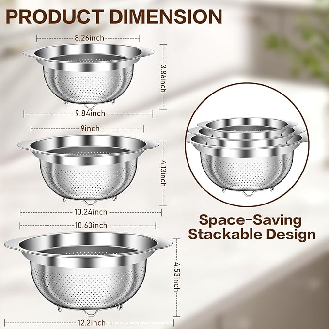 Stainless Steel Colander for Kitchen, Stainless Steel Strainer, Pasta Strainer for Spaghetti Fruit Vegetable Cooking Food, 3 Pcs Strainers and Colanders(2QT, 3QT, 5QT), Dishwasher Safe, Kitchen Gift