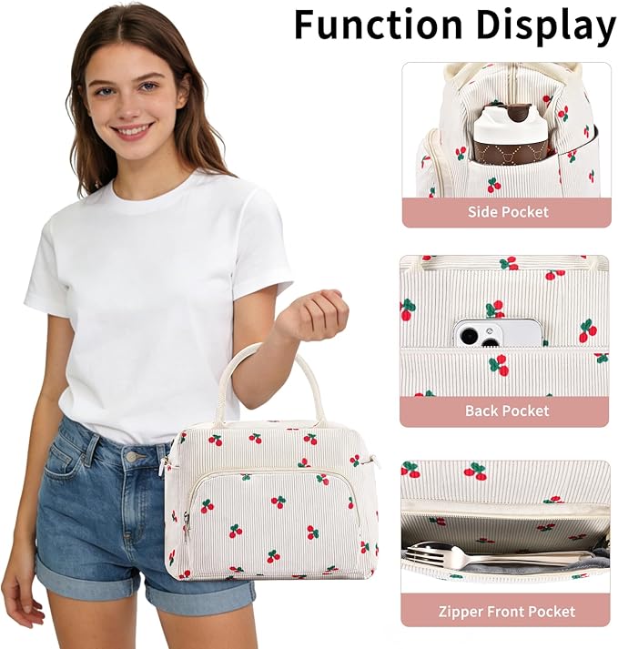 Lunch Box for Women Insulated Lunch Bag Women Adult Cute Lunch Bags Reusable Lunchbox Cooler Tote Bag for Work Picnic (Beige-Cherry)