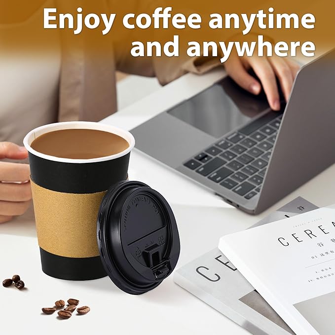 500 Pack 12 oz Disposable Paper Coffee Cups with Lids and Sleeves, Leak-free Disposable Insulated Paper Cups for To Go Hot or Cold Beverages(Black)