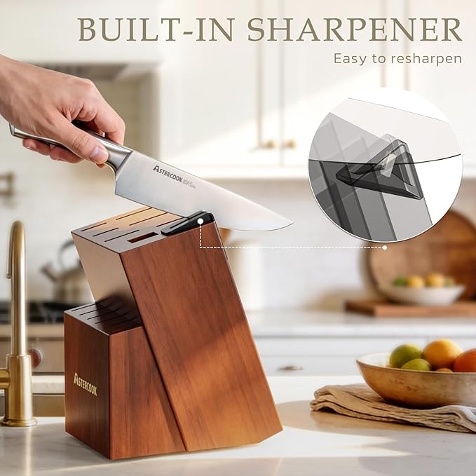 Astercook Knife Set, Kitchen Knives Set with Block and Sharpener Full Tang 15 Pcs Premium Stainless Steel Knives, Dishwasher Safe Knife Set with Anti-slip Ergonomic Handle, Walnut