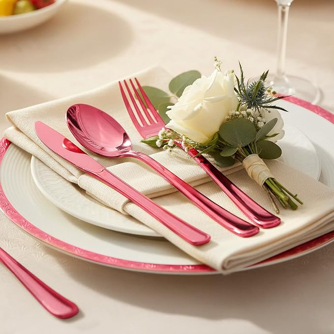 306 Pack Plastic Silverware Set - Heavy Duty Silverware Disposable Set - 102 Forks 102 Knives 102 Spoons Plastic Cutlery Disposable Utensils Set for Easter Party Dinner Wedding Gathering （Red）