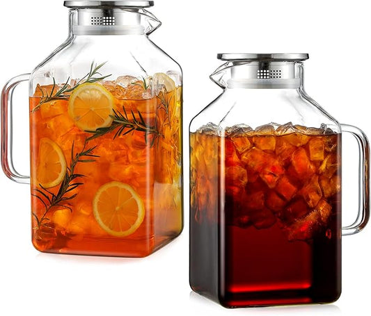 2 Pack 1 Gallon Square Glass Pitcher with Lid and Spout, Borosilicate Glass Carafe for Hot/Cold Drink, Water Pitchers with Handle for Fridge, Extra Large Jug for Iced Tea, Coffee, Juice, Beverage