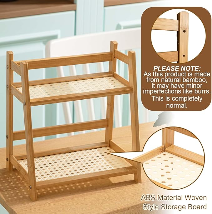 1 Pcs 2 Tier Matcha Station Shelf Bamboo Coffee Mug Stand Countertop Storage Rack, Double Layer Rattan Office Cup, Kitchen, Tea, Plant, Bar Accessories Condiment Display(Wood,10.2 Inch)