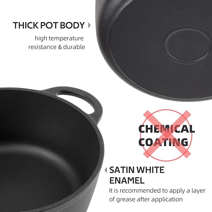 4 Quart Dutch Oven Enameled Cast Iron with Lid - Big Dual Handles - Oven Safe up to 500°F - Classic Round Pot for Versatile Cooking Matte Black(No Enameled