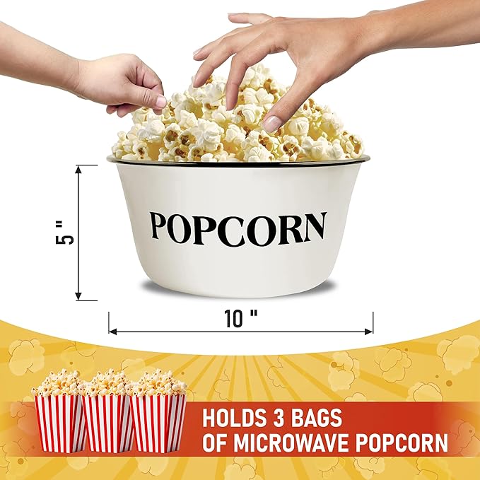 CWI 3.7-Quart Enamelware Popcorn Bowl - Round White Dish with Black Touches for Cinema Nights and Camping - Classic White with Black Rim, Durable (1 bowl)