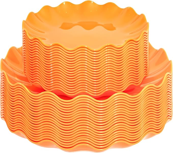 LIYH 50 Pcs Orange Scalloped Heavy Duty Reusable Unbreakable Plastic Plates for Party, Dishwasher Safe BPA Free (25 Guests) - 10 Inch Dinner Plate and 7.5 Inch Dessert Plates