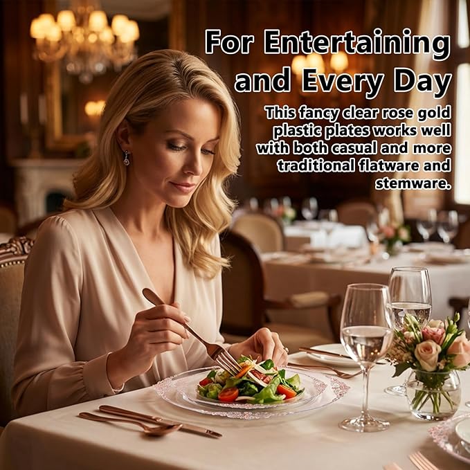 102PCS Rose Gold Plastic Plates - Clear Rose Gold Plate - Heavy Duty Disposable Plates - Fancy Disposable Dinner & Dessert Plate for 51 Guests for Party & Wedding