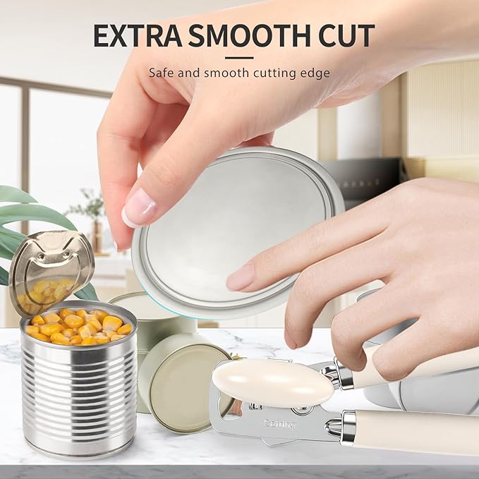 Can Opener Manual, Heavy Duty Stainless Steel Smooth Edge Can Openers With Soft Touch Handle, Oversized Handheld Easy Turn Knob, Multi-Function Bottle Opener, Beige