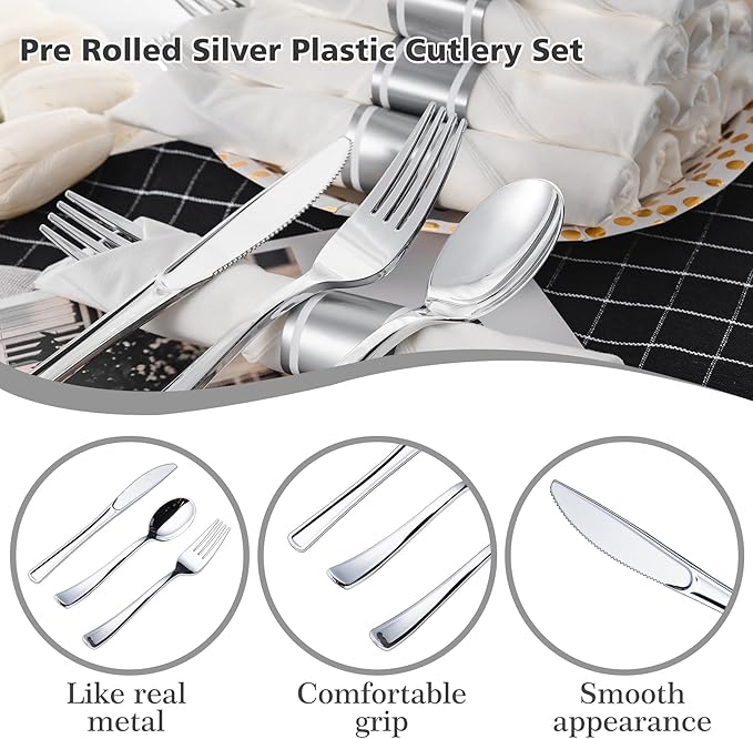 N9R 75 Pack Pre Rolled Silver Plastic Cutlery Set, 75 Pieces (75 Forks, 75 Knives, 75 Spoons, 75 Napkins), Disposable Silverware Set for Party, Wedding, Modern Style