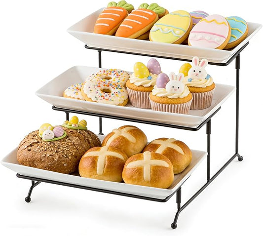 Gomakren 3 Tier Serving Trays Stand Porcelain Serving Platters 12 Inch White Serving Plates Dinner Platters for Appetizer Snack Fruit Cup Cake Tray Display Serving Dishes for Entertaining
