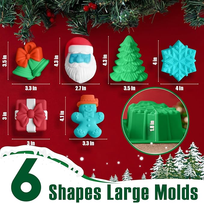 HKNMTT Large Christmas Silicone Molds for Baking Cake Muffins Oven Safe Freezing Soap Candle Cocoa Bomb Food Grade Tray, Deep Snowflake Xmas Tree Santa Gingerbread Gift Bell 6 Holiday Shapes Mould