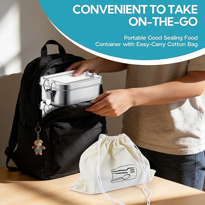 E-far Stainless Steel Lunch Box, 49oz Metal Bento Box Lunchbox w/Leak Proof Lid, 1400ml Medium Food Container w/Removable Divider & Bag, Reusable 3-Compartment Bento Lunch Container for Camping Picnic
