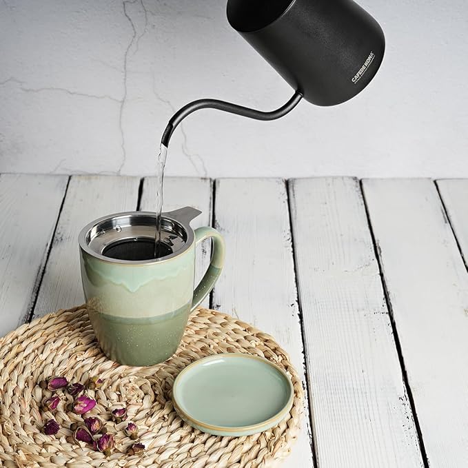 Bosmarlin Ceramic Tea Cup with Infuser and Lid, 16 Oz, 4 Colors to Choose, Dishwasher and Microwave Safe, Steeping Tea Mug with Strainer, Reactive Glaze, (Green)